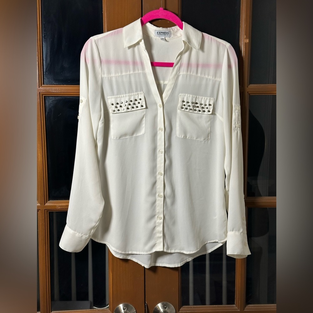 Express Cream Button-Down Shirt with Stud Accents